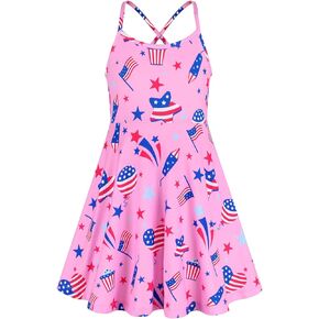 Girls Summer Cami Dress Unicorn Spaghetti Strap Dresses Patriotic 4th of July American Flag Dresses