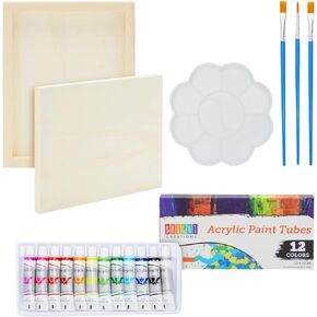 Bright Creations 18-Piece 8x8-Inch Wooden Canvas Painting Set, 2 Natural Wood Panel Paint Boards with 12 Acrylic Paint Tubes, 3 Brushes, and 1 Plastic Palette for Crafting and Art Supplies