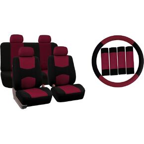 FH Group Car Seat Covers Flat Cloth Automotive Yellow Full Set, Rear Solid Bench Universal Fit Combo Steering Wheel Cover & Seat Belt Pads Car Seat Protector for Cars Trucks SUV Interior Accessories