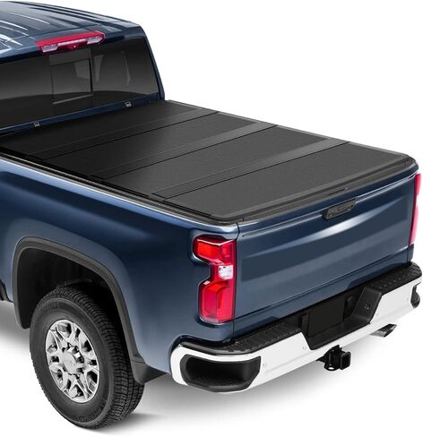 غطاء سرير شاحنة صلب رباعي الطي بطول 5'8 بوصة مناسب لسيارة Chevy Silverado 1500/لسيارة GMC Sierra1500 2007-2022 سرير جانبي، غطاء سرير شاحنة بيك اب أسود in Kuwait