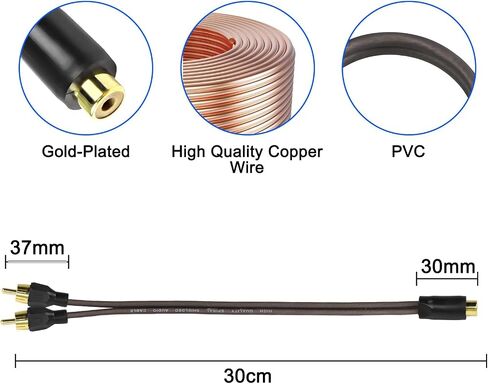 XMSJSIY RCA Cable Car Audio Y Splitter Cable Female to Dual Male Gold Plated Stereo Audio Adapter Gold Plated Plug Connectors Extension Cord for Amplifier Subwoofer -29cm - 2PCS in Saudi Arabia