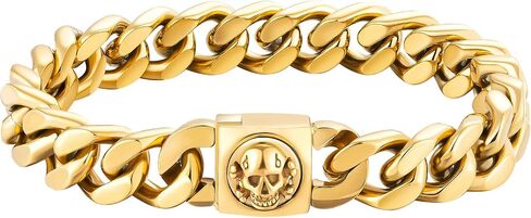 KRKC&CO 12mm Mens Cuban Link Bracelet, 18k Gold Plated Miami Thick Bracelet, Lion, Skulls Square Clasp, Durable Anti-tarnish Urban Street-wear Hip Hop Jewelry for Boys Him in Saudi Arabia