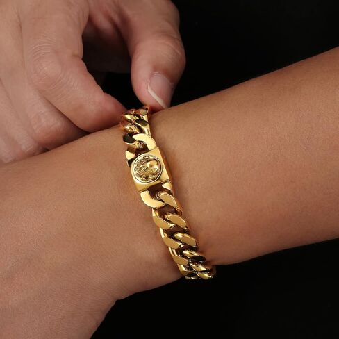 KRKC&CO 12mm Mens Cuban Link Bracelet, 18k Gold Plated Miami Thick Bracelet, Lion, Skulls Square Clasp, Durable Anti-tarnish Urban Street-wear Hip Hop Jewelry for Boys Him in Saudi Arabia