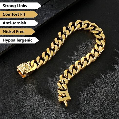 KRKC&CO 12mm Mens Cuban Link Bracelet, 18k Gold Plated Miami Thick Bracelet, Lion, Skulls Square Clasp, Durable Anti-tarnish Urban Street-wear Hip Hop Jewelry for Boys Him in Saudi Arabia
