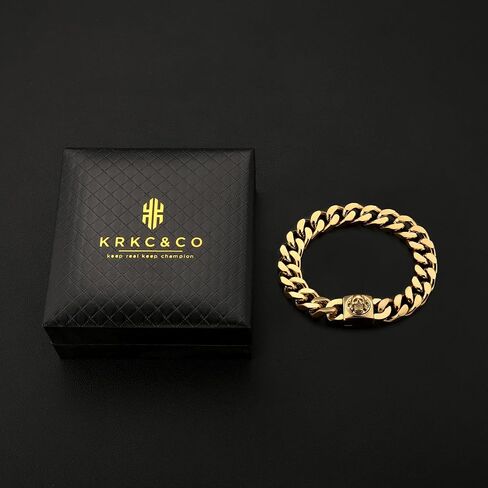 KRKC&CO 12mm Mens Cuban Link Bracelet, 18k Gold Plated Miami Thick Bracelet, Lion, Skulls Square Clasp, Durable Anti-tarnish Urban Street-wear Hip Hop Jewelry for Boys Him in Saudi Arabia