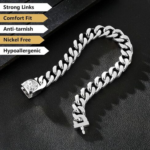 KRKC&CO 12mm Mens Cuban Link Bracelet, 18k Gold Plated Miami Thick Bracelet, Lion, Skulls Square Clasp, Durable Anti-tarnish Urban Street-wear Hip Hop Jewelry for Boys Him in Saudi Arabia