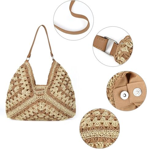 Stylish Straw Hobo Bags for Women Handmade Summer Beach Bag Hollow Woven Shoulder Tote Bag Everything Handbag in Kuwait