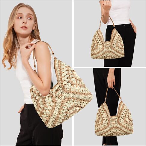 Stylish Straw Hobo Bags for Women Handmade Summer Beach Bag Hollow Woven Shoulder Tote Bag Everything Handbag in Kuwait