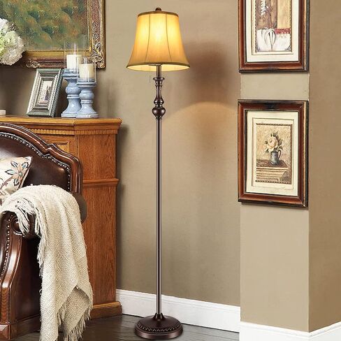 مصباح أرضي، مصباح زاوية قائم، مصباح عمود عتيق مع غطاء قماش ذهبي فاتح، مصباح ريفي طويل القامة لغرفة المعيشة، غرفة النوم، المكتب، مصباح أرضي مشرق مع مفتاح سحب (كلاسيكي) in Kuwait