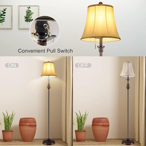 مصباح أرضي، مصباح زاوية قائم، مصباح عمود عتيق مع غطاء قماش ذهبي فاتح، مصباح ريفي طويل القامة لغرفة المعيشة، غرفة النوم، المكتب، مصباح أرضي مشرق مع مفتاح سحب (كلاسيكي) in Kuwait