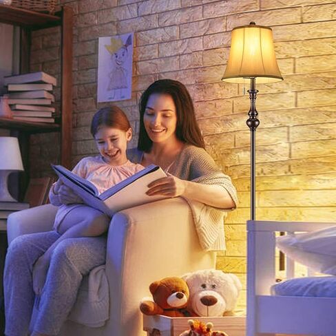 مصباح أرضي، مصباح زاوية قائم، مصباح عمود عتيق مع غطاء قماش ذهبي فاتح، مصباح ريفي طويل القامة لغرفة المعيشة، غرفة النوم، المكتب، مصباح أرضي مشرق مع مفتاح سحب (كلاسيكي) in Kuwait