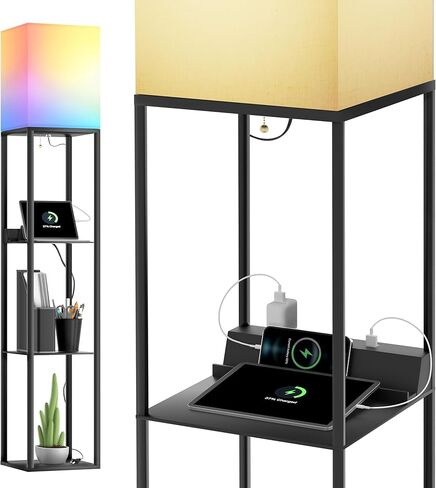 sympa Floor Lamp with Shelves, Smart RGB Floor Lamp Compatible with Alexa, APP Controlled, Memory Function, Modern Floor Lamp with 3 Charging Ports, Shelf Lamp for Living Room, Bedroom and Office in Kuwait