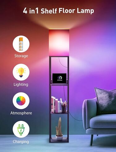 sympa Floor Lamp with Shelves, Smart RGB Floor Lamp Compatible with Alexa, APP Controlled, Memory Function, Modern Floor Lamp with 3 Charging Ports, Shelf Lamp for Living Room, Bedroom and Office in Kuwait