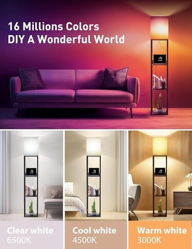 sympa Floor Lamp with Shelves, Smart RGB Floor Lamp Compatible with Alexa, APP Controlled, Memory Function, Modern Floor Lamp with 3 Charging Ports, Shelf Lamp for Living Room, Bedroom and Office in Kuwait