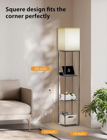 sympa Floor Lamp with Shelves, Smart RGB Floor Lamp Compatible with Alexa, APP Controlled, Memory Function, Modern Floor Lamp with 3 Charging Ports, Shelf Lamp for Living Room, Bedroom and Office in Kuwait