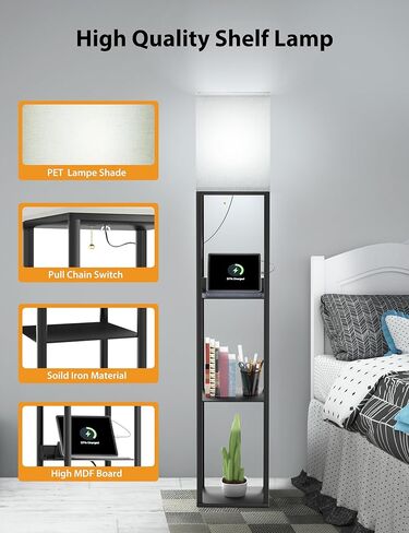 sympa Floor Lamp with Shelves, Smart RGB Floor Lamp Compatible with Alexa, APP Controlled, Memory Function, Modern Floor Lamp with 3 Charging Ports, Shelf Lamp for Living Room, Bedroom and Office in Kuwait