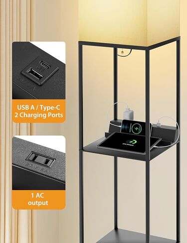 sympa Floor Lamp with Shelves, Smart RGB Floor Lamp Compatible with Alexa, APP Controlled, Memory Function, Modern Floor Lamp with 3 Charging Ports, Shelf Lamp for Living Room, Bedroom and Office in Kuwait