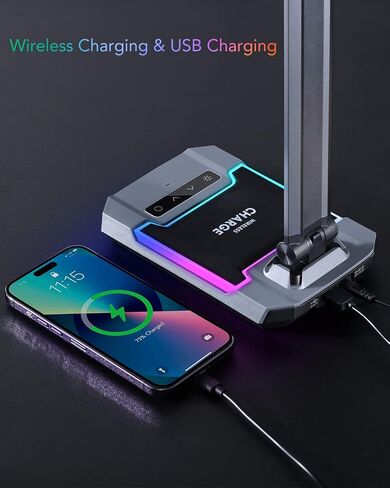 WILIT LED RGB Gaming Desk Lamp, Voice Activated Changing Colors Rhythm Light with Wireless Charger and USB Charging Port, Colorful Ambient Light Touch Table Lamp for Gaming, PC, Room Decoration in Saudi Arabia