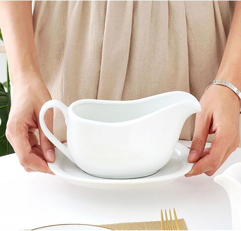 قارب جرافي مع صينية، صحن تقديم سيراميك وموزع أطباق للصلصات والضمادات والكريمة، مقبض كبير، آمن للاستخدام في الميكروويف وغسالة الأطباق، 15 أونصة (أبيض) in Kuwait