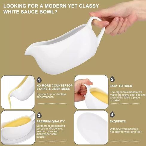 قارب جرافي مع صينية، صحن تقديم سيراميك وموزع أطباق للصلصات والضمادات والكريمة، مقبض كبير، آمن للاستخدام في الميكروويف وغسالة الأطباق، 15 أونصة (أبيض) in Kuwait