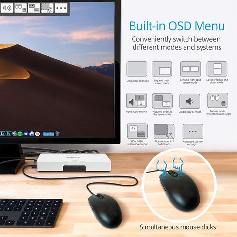محول gofanco بمنفذين HDMI USB KVM بدون خياطة - يقيس مخرج 4K @30 هرتز أو 1080 بكسل، HDMI 1.4، لوحة مفاتيح/ماوس USB، عرض متعدد، OSD، Dolby/DTS، Windows، Mac OS، Linux (KVMScaler2P) in Kuwait