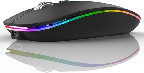 ماوس KT LED لاسلكي، ماوس G12 نحيف صامت قابل لإعادة الشحن، ماوس كمبيوتر ضوئي USB محمول 2.4 جيجا مع جهاز استقبال USB ومحول من النوع C (أسود غير لامع) in Saudi Arabia