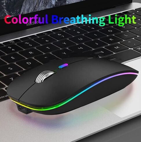 ماوس KT LED لاسلكي، ماوس G12 نحيف صامت قابل لإعادة الشحن، ماوس كمبيوتر ضوئي USB محمول 2.4 جيجا مع جهاز استقبال USB ومحول من النوع C (أسود غير لامع) in Saudi Arabia