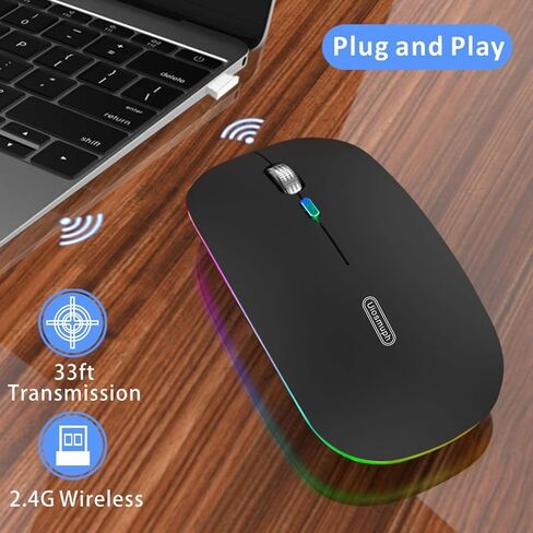 ماوس KT LED لاسلكي، ماوس G12 نحيف صامت قابل لإعادة الشحن، ماوس كمبيوتر ضوئي USB محمول 2.4 جيجا مع جهاز استقبال USB ومحول من النوع C (أسود غير لامع) in Saudi Arabia