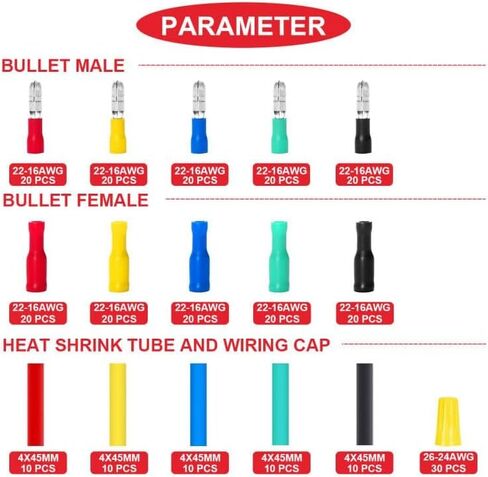 280pcs 22-16AWG Wire connectors Bullet Crimp Terminal Insulated Female and Male Heat Shrink Waterproof Electrical Quick Connector Kit with Colorful Heat Shrink Tube and Wiring Cap in Saudi Arabia