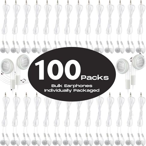100 Pack Bulk Earbuds for Kids Students Classroom Ear Buds School Earphones Class Set Headphones Without Mic for Adults Library Laptop, Individually Bagged (White) in Saudi Arabia