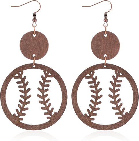 Geometric Wooden Baseball Rugby Earrings Retro Hollow Out Baseball Football Sport Dangle Earring Lightweight Statement Jewelry Gift for Women Girls Sports Fans Players in Saudi Arabia