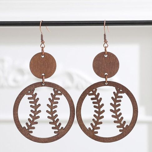 Geometric Wooden Baseball Rugby Earrings Retro Hollow Out Baseball Football Sport Dangle Earring Lightweight Statement Jewelry Gift for Women Girls Sports Fans Players in Saudi Arabia
