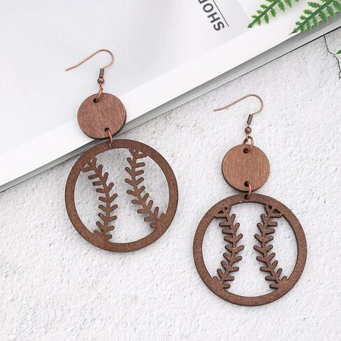 Geometric Wooden Baseball Rugby Earrings Retro Hollow Out Baseball Football Sport Dangle Earring Lightweight Statement Jewelry Gift for Women Girls Sports Fans Players in Saudi Arabia