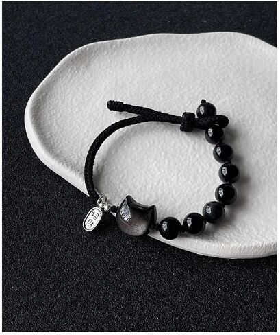 LRESJJIUJ Natural Obsidian Stone Beads Bracelet Dance Lion Small Pendant Bracelet Adjustable Weaving Rope Money Lucky Cat Bracelet Crystal Beaded Bracelet (Dance Lion) in Saudi Arabia