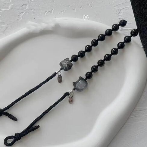 LRESJJIUJ Natural Obsidian Stone Beads Bracelet Dance Lion Small Pendant Bracelet Adjustable Weaving Rope Money Lucky Cat Bracelet Crystal Beaded Bracelet (Dance Lion) in Saudi Arabia
