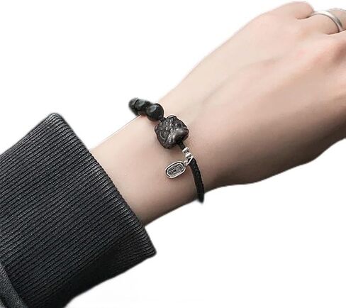 LRESJJIUJ Natural Obsidian Stone Beads Bracelet Dance Lion Small Pendant Bracelet Adjustable Weaving Rope Money Lucky Cat Bracelet Crystal Beaded Bracelet (Dance Lion) in Saudi Arabia