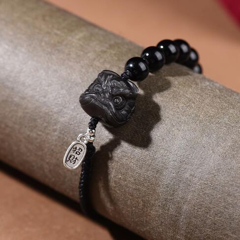 LRESJJIUJ Natural Obsidian Stone Beads Bracelet Dance Lion Small Pendant Bracelet Adjustable Weaving Rope Money Lucky Cat Bracelet Crystal Beaded Bracelet (Dance Lion) in Saudi Arabia