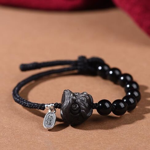 LRESJJIUJ Natural Obsidian Stone Beads Bracelet Dance Lion Small Pendant Bracelet Adjustable Weaving Rope Money Lucky Cat Bracelet Crystal Beaded Bracelet (Dance Lion) in Saudi Arabia