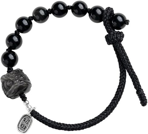 LRESJJIUJ Natural Obsidian Stone Beads Bracelet Dance Lion Small Pendant Bracelet Adjustable Weaving Rope Money Lucky Cat Bracelet Crystal Beaded Bracelet (Dance Lion) in Saudi Arabia