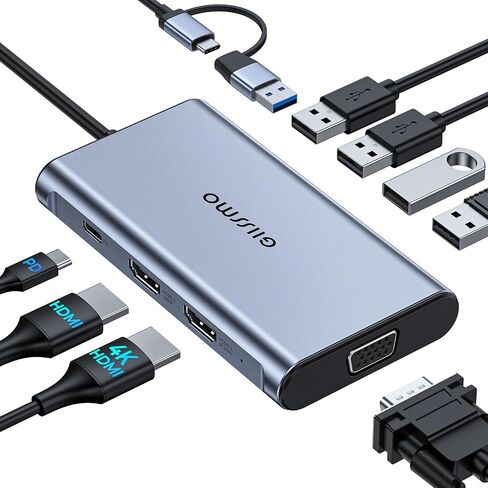 محطة إرساء USB من GIISSMO، محور USB C USB 3.0 إلى محول HDMI VGA ثنائي العرض ثلاثي USB C محطة إرساء كمبيوتر محمول شاشة مزدوجة لجهاز MacBook Pro/Air/M1/M2/Mac، محور USB C لأجهزة Dell/HP/Lenovo/Surface in Kuwait