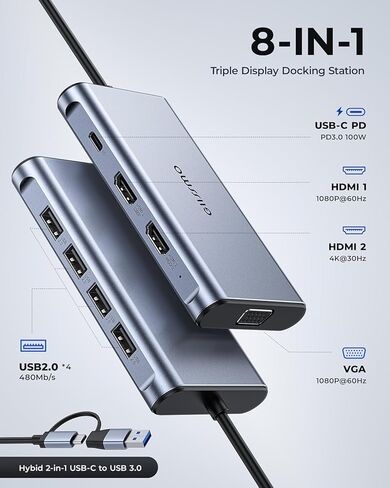 محطة إرساء USB من GIISSMO، محور USB C USB 3.0 إلى محول HDMI VGA ثنائي العرض ثلاثي USB C محطة إرساء كمبيوتر محمول شاشة مزدوجة لجهاز MacBook Pro/Air/M1/M2/Mac، محور USB C لأجهزة Dell/HP/Lenovo/Surface in Saudi Arabia