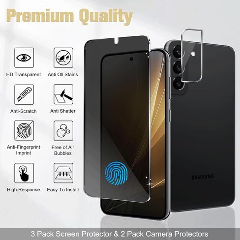 [3+2 Pack] Galaxy S22 Privacy Tempered Glass Screen Protector with 2 Pack Camera Lens Protector, Fingerprint Unlock, 9H Hardness Scratch Resistant, Bubble-free, for Samsung Galaxy S22 5G (6.1 Inch) in Saudi Arabia