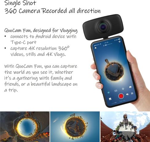 كاميرا رياضية KanDao QooCam Fun بزاوية 360 درجة، منفذ من النوع C فقط، كاميرا فيديو وصورة بانورامية 360 درجة، تسجيل مباشر 360 درجة، تطبيقات، كاميرا فيديو ثابتة للرياضة، أبيض in Kuwait