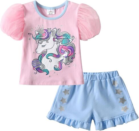VIKITA Girls Cotton Outfits Sparkling Cute Cartton T Shirt Tank Top and Shorts Fashion Clothing Set for Summer in Saudi Arabia