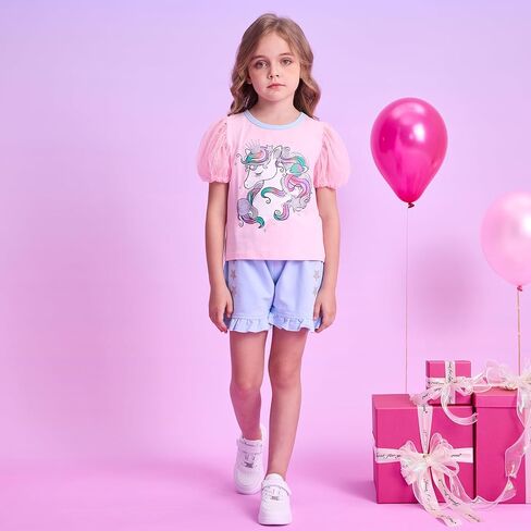 VIKITA Girls Cotton Outfits Sparkling Cute Cartton T Shirt Tank Top and Shorts Fashion Clothing Set for Summer in Saudi Arabia