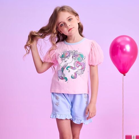 VIKITA Girls Cotton Outfits Sparkling Cute Cartton T Shirt Tank Top and Shorts Fashion Clothing Set for Summer in Saudi Arabia