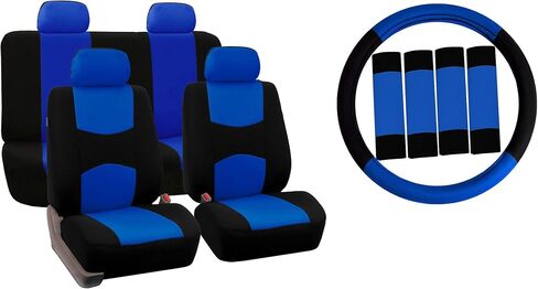 FH Group Car Seat Covers Flat Cloth Automotive Yellow Full Set, Rear Solid Bench Universal Fit Combo Steering Wheel Cover & Seat Belt Pads Car Seat Protector for Cars Trucks SUV Interior Accessories in Saudi Arabia