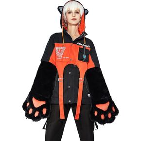 Women's Motorcycle Jacket Detachable Skirt Set with Furry Cat Paw Bags Hooded Crop Top Skirt Set
