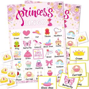 Pink Princess Bingo Game 24 Players Princess Bingo Games Cards for Tea Party Decorations Princess Birthday Family Holiday Party Supplies School Activities Bridal Shower Wedding Party Favors