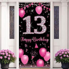 Fabric 13th Birthday Door Decorations, Happy 13th Birthday Decorations for Girls, Hot Pink 13 Year Old Birthday Party Banner, Yard Sign, Photo Props Background Decor Supplies Outdoor Indoor